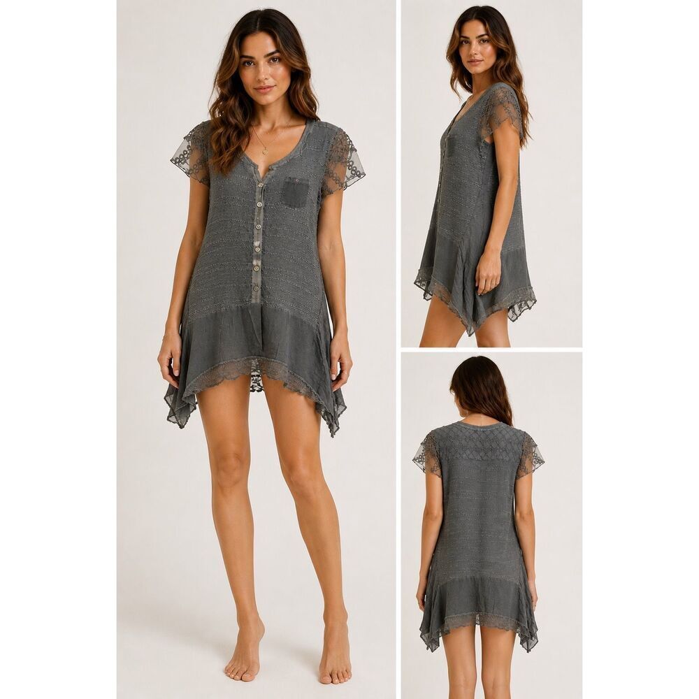 Elisa Cavaletti Luxury Bohemian Lagenlook Lace Tunic Dress Gray Button Front L